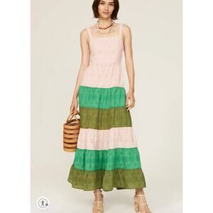Slate & Willow Green Pink Tiered Ruffle Maxi Dress Size 0 Eyelet Cotton $310